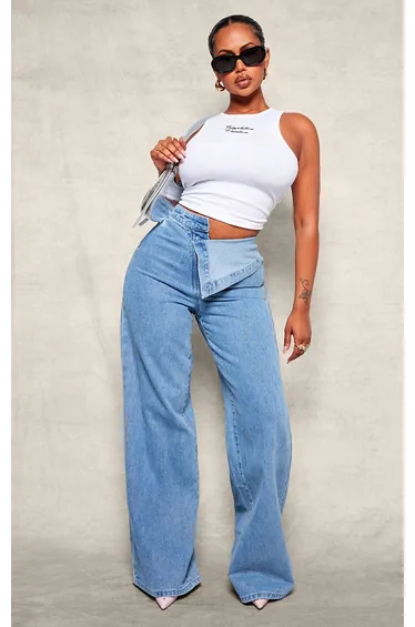Shape Light Blue Wash Foldover Waist Wide Leg Jeans