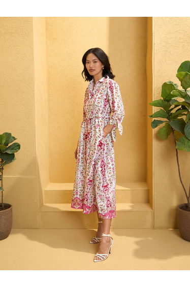 White Floral Front Button Belt Midi Dress