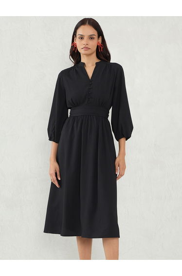 Solid Cinched Waist A-Line Midi Dress