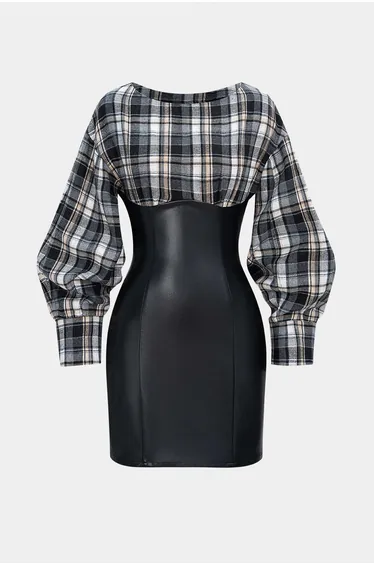 Plaid Print Faux Leather Patchwork Long Sleeve Mini Dress