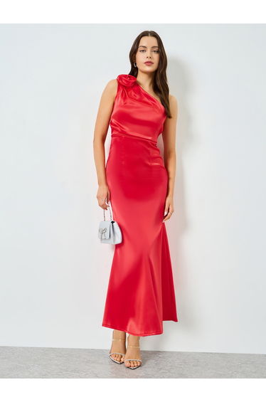 Red Satin One Shoulder Floral Detail Maxi Dress