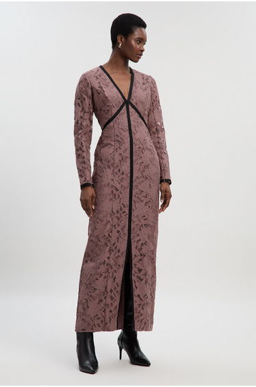 Petite Lace with black taping long sleeve woven maxi dress