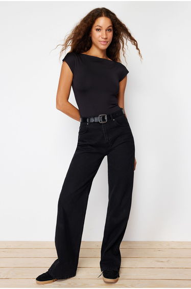 Black Fitted/Body-Sitting Boat Neck Flexible Snap Fastener Knitted Bodysuit