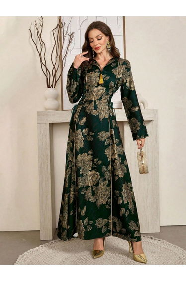 Women Floral Print Jalabiya with Side Tie-Up