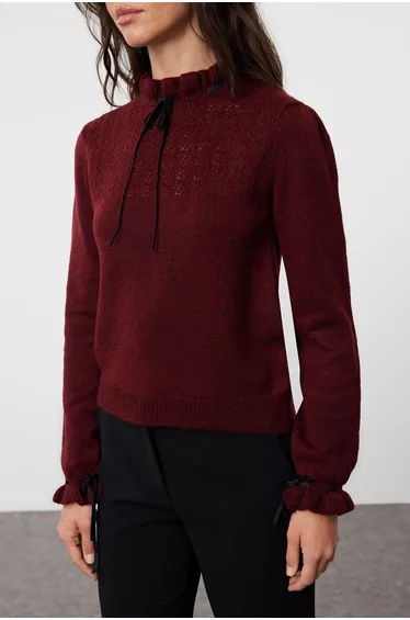 Claret Red Soft Textured Openwork/Hole Knitwear Sweater