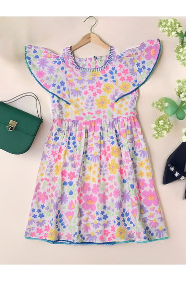 Floral Print Flutter Sleeves Dress with Lace Detail