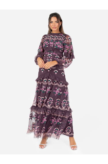 Maya Berry Fully Embroidered Long Sleeve Maxi Dress with Frill Detail