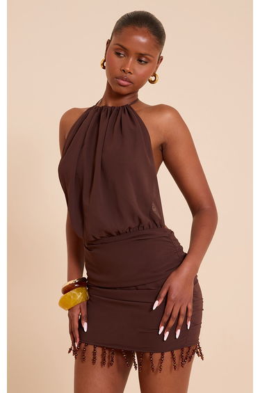 Chocolate Chiffon Halter Neck Ruched Beaded Mini Dress