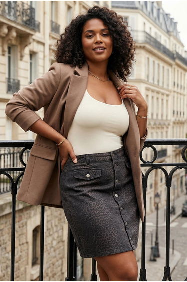 Brown animal patterned large size denim skirt