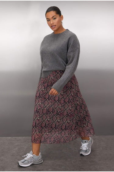 Brown A-Line Snake Patterned Tulle Knit Plus Size Skirt