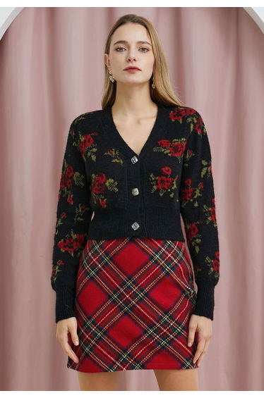Red Tartan Wool-Blend Mini Bud Skirt