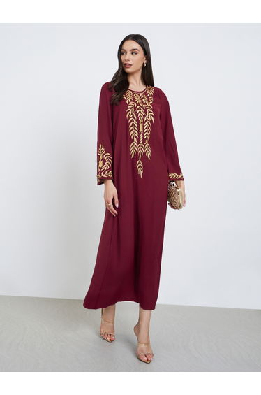 Burgundy Leaf Embroidery Jalabiya