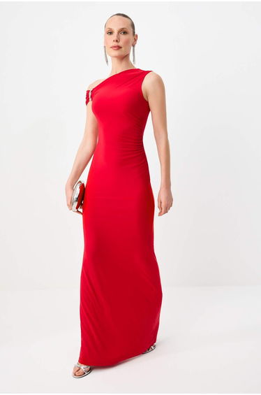 Red Plain Stone Accessory Knitted Sandy Maxi Evening Dress & Graduation Dress