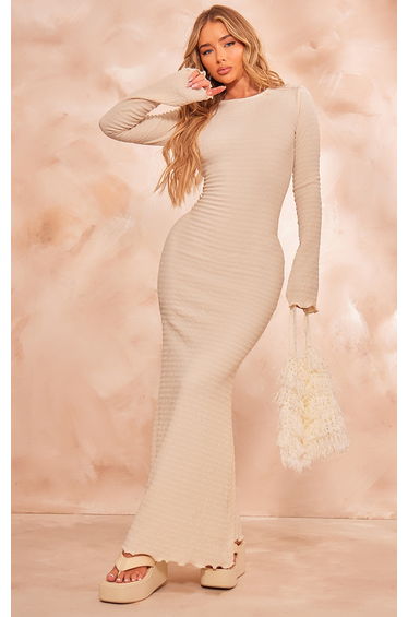 Cream Crinkle Textured Lettuce Hem Long Sleeve Maxi Dress