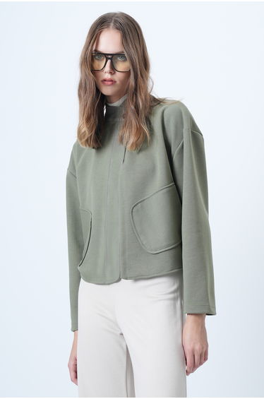Women's Khaki Hakim Collar Poncho Jacket with Pocket