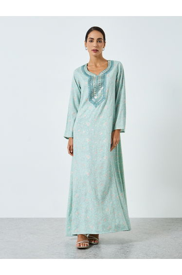 Women Threadwork Embroidery Printed Jalabiya