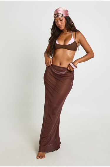 Sheer Mesh Beach Maxi Skirt - chocolate