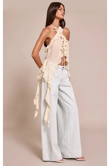 Cream Chiffon Ruffle Drape Detail Longline Top