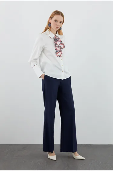 White Shirt with Patterned Scarf