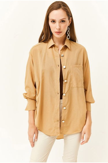Women's Camel Side Button Detailed Oversize Woven Shirt