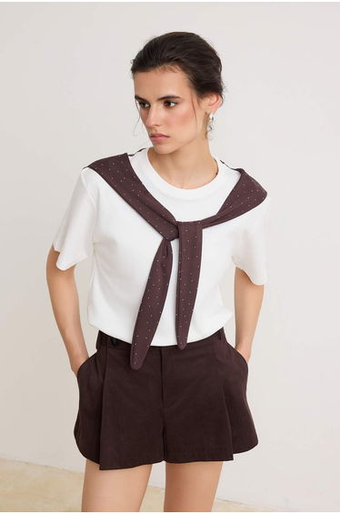 Brown Plain Regular Fit Shawl Detailed Stretch Knitted T-Shirt