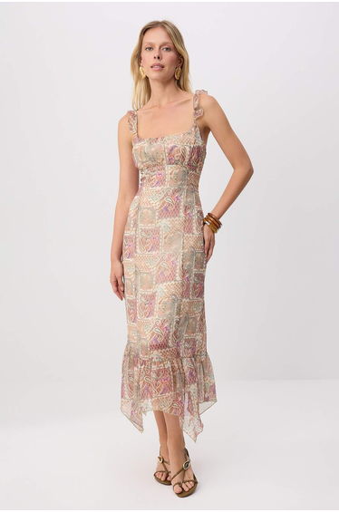 Multicolored Shawl Patterned Skirt Ruffled Maxi Woven Dress