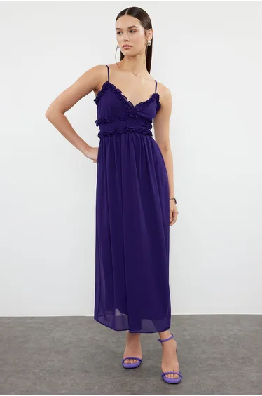 فستان شيفون مبطن بقصة بشكل A بكشكش - أرجواني