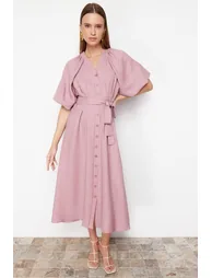 Pink Belted Half Balloon Sleeve Linen Look Woven Shirt Dress - 3