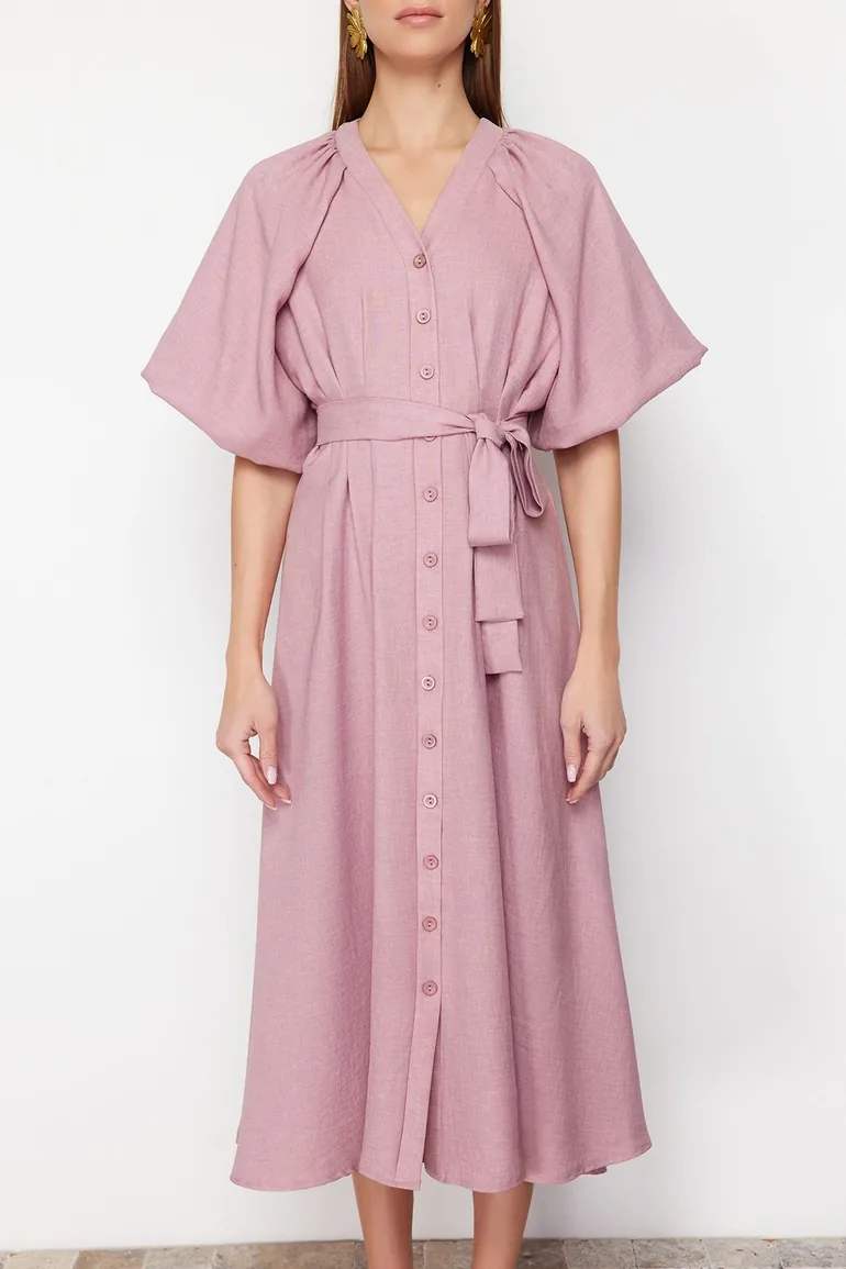 Pink Belted Half Balloon Sleeve Linen Look Woven Shirt Dress - 2