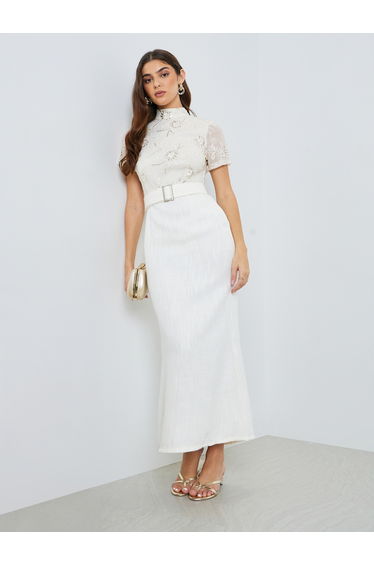 Women Off White Lace Short Sleeves Sheath Maxi Dress