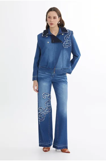 Blue Asymmetric Embroidered Denim Jacket