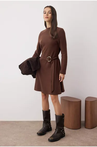 Mink Selanik/Knitwear Look Skater Belt Detailed Midi Knit Dress