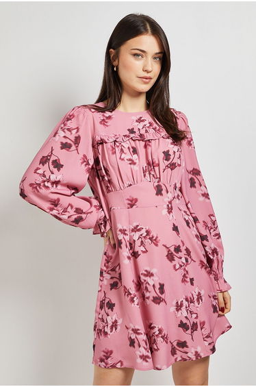 Pink Floral Gathered Bodice Lace Back Long Sleeve Mini Dress