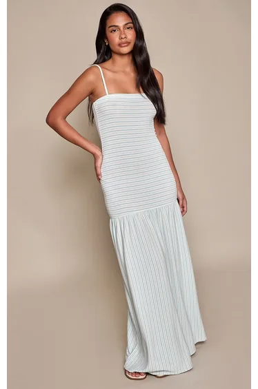 Baby Blue Striped Dropped Waist Strappy Maxi Dress