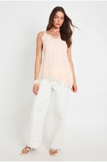 Lace Trim Chiffon Asymmetric Cami Top - apricot