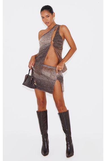 Mocha Stripe Textured Knit O Ring Asymmetric Cut Out Top