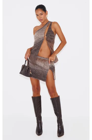 Mocha Stripe Textured Knit O Ring Asymmetric Cut Out Top