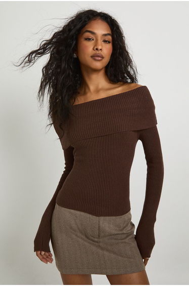 Rib Knit Extreme Bardot Jumper