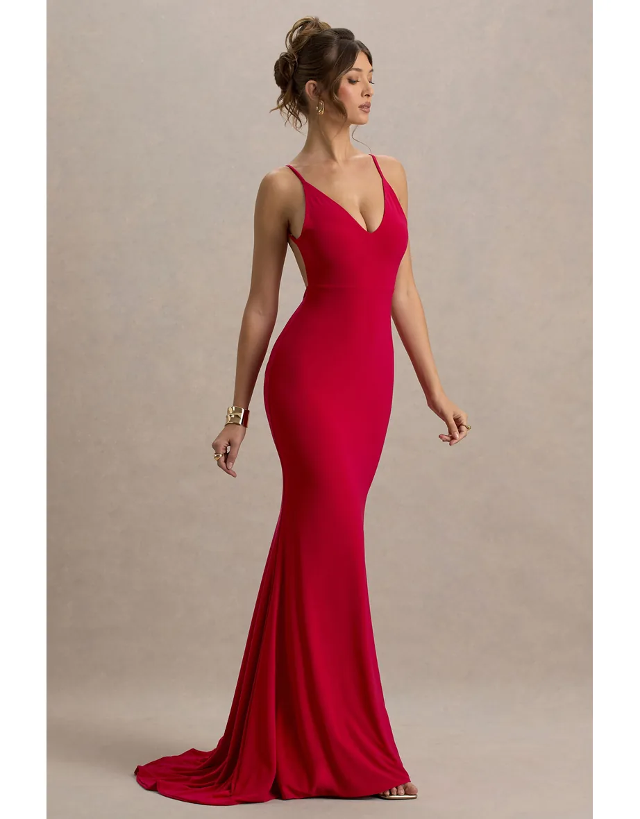 Shop Endless Love | Red Backless Knot Detail Fishtail Maxi Dress