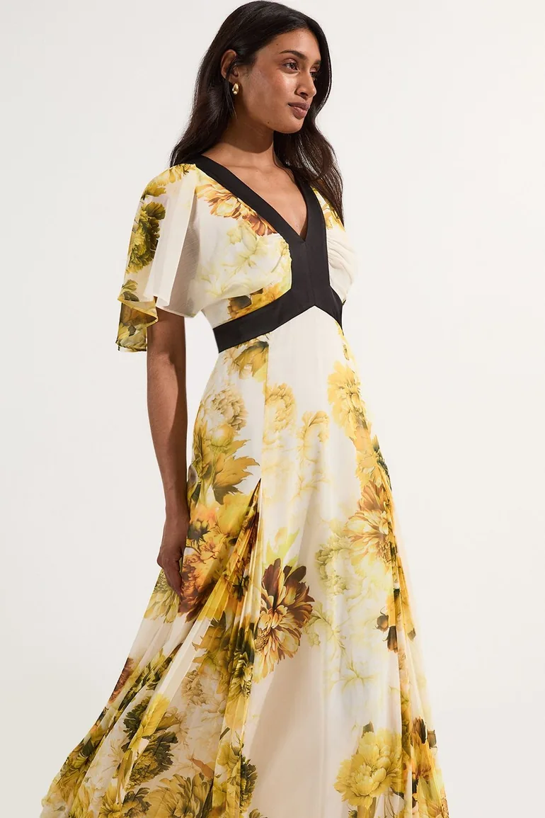 karen millen floral pleated dress Blue Floral Pleat Detail Woven Maxi Dress