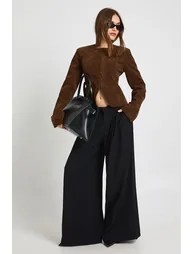 Faux Suede Peplum Blazer - chocolate