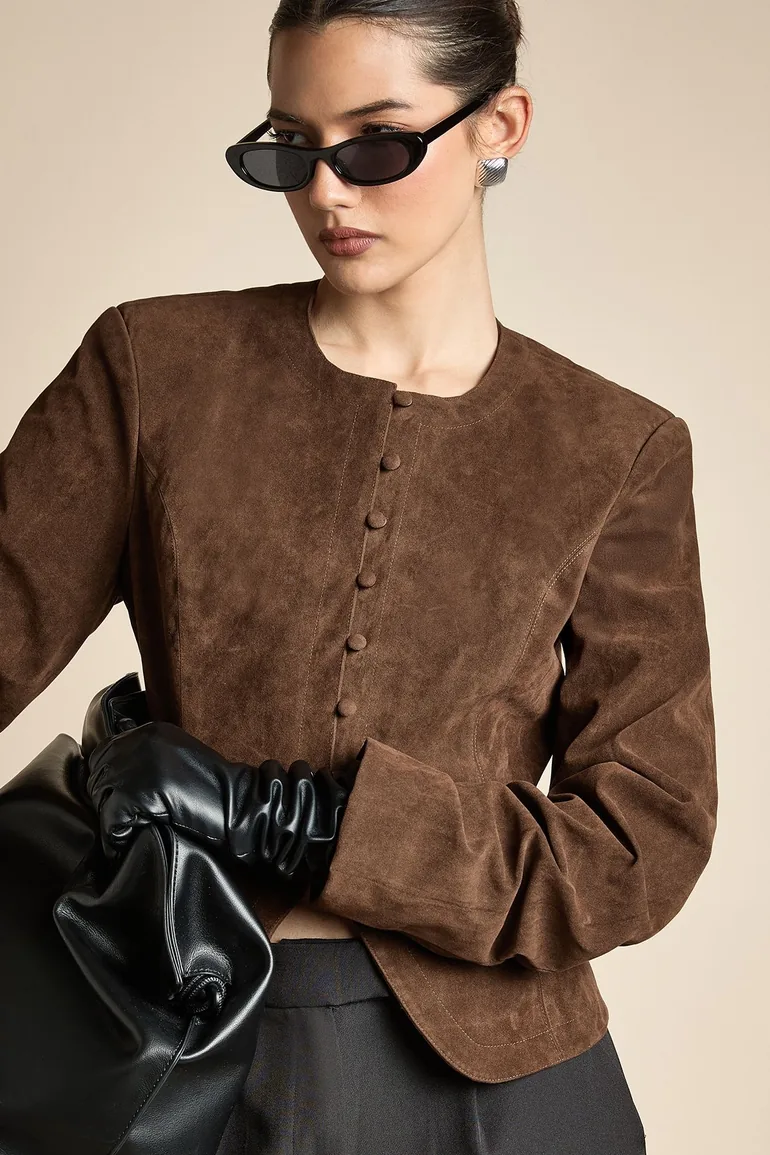 Faux Suede Peplum Blazer - chocolate - 1