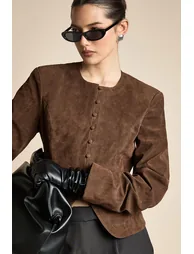Faux Suede Peplum Blazer - chocolate - 1