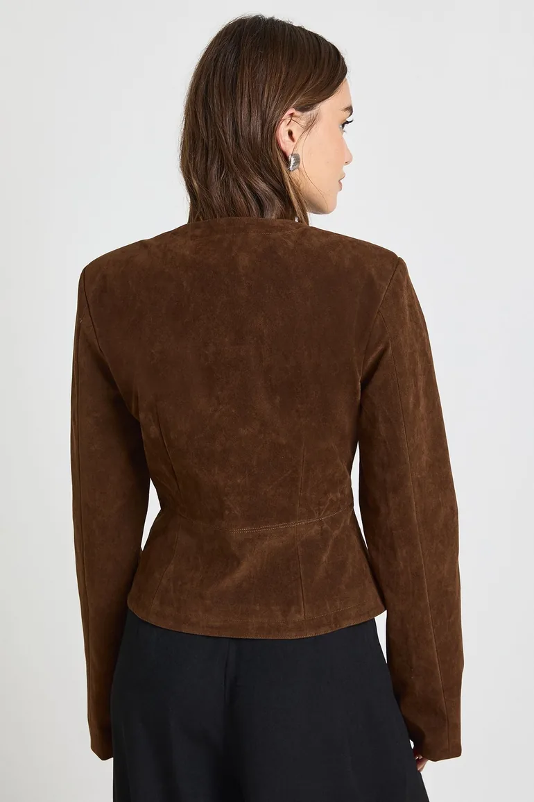 Faux Suede Peplum Blazer - chocolate - 2