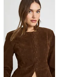 Faux Suede Peplum Blazer - chocolate - 3