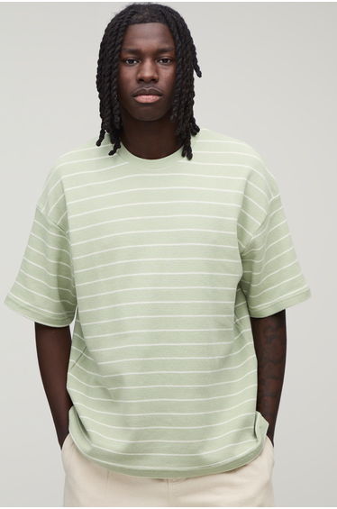 Oversized Striped Short Sleeve Waffle T-Shirt - sage