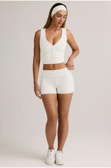 Modal Ribbed Mid-Rise Foldover Shorts in White