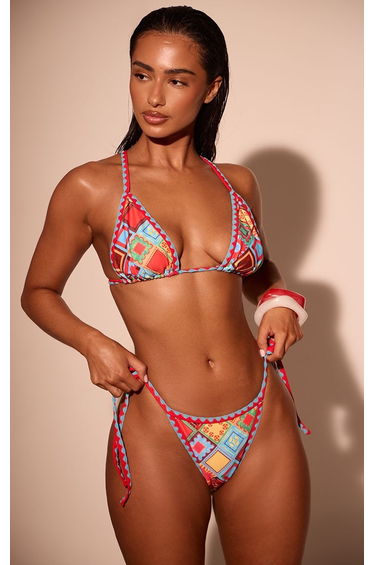 Red Paisley Print Contrast Whipstitch Tie Side Bikini Bottoms