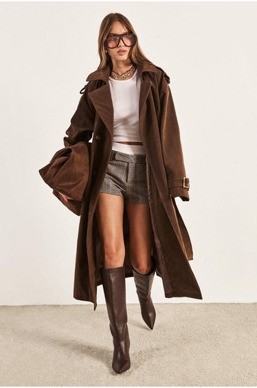 Vintage Suede Look Trench Coat - chocolate