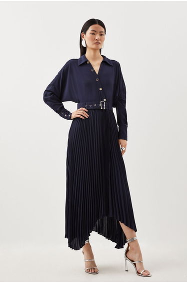 Petite Jersey And Georgette Mix Belted Pleat Midi Dress